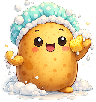 Spudget potato taking a shower